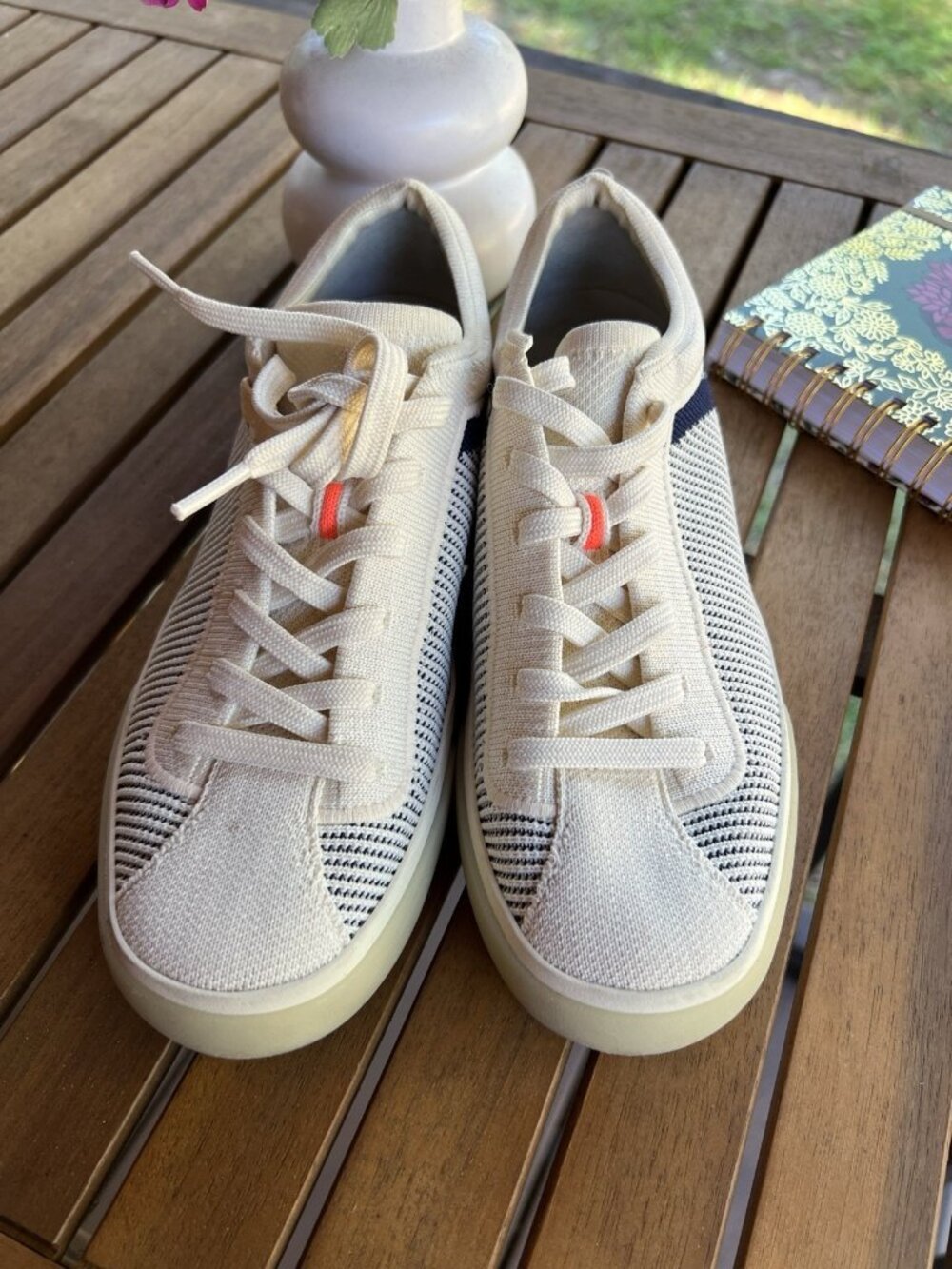 Rothy’s The Lace Up Sneakers Cream Navy Women’s Size 7 Knit Casual Shoes